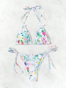 SHEIN Swim Women Random Floral Print Side Tie Halter Neck Bikini Set, Vacation Style Summer - Multicolor - View 4