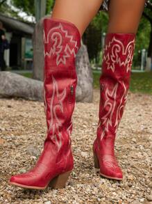 Fashion Square Toe Chunky Heel Western Embroidery Knee High Boot, Retro Riding Cowgirl Boot Sexy Lady Boots