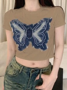 DAZY Áo crop top họa tiết bướm vá lỗi mùa hè cho nữ, cổ tròn và tay lửng, áo phông họa tiết - Màu Khaki - Xem 3