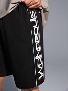 SHEIN Tween Boy Woven Color Blocking Reflective Drawstring Shorts With Letter Print - Black - View 13