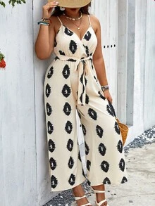 SHEIN Holidaya 加大碼配帶印花休閒度假風連身褲 - 杏色 - 查看 3