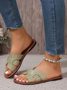 Sandalias planas informales de estilo coreano para mujeres, punta abierta, en primavera/verano/otoño, nuevos zapatos tejidos romanos para playa y resort, zapato plano elegante con falda francesa, ideal para playa, apartamento, en color blanco/beige/negro/naranja/morado/gris/dorado/plata/azul/verde/rosado/marrón/con estampado de leopardo francés, formales, vacaciones, estilo bohemio, en azul marino, zapatos de caminar, sandalias de rhinestone, zapatos de tacón grueso para mujeres, cómodos zapatos planos gruesos para playa, zuecos brillantes atados, pantuflas - Verde Oliva - Ver 3