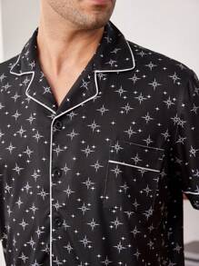 Men's Star Printed Single Breasted Short-Sleeved Top And Plaid Shorts Casual Home Suit Set
