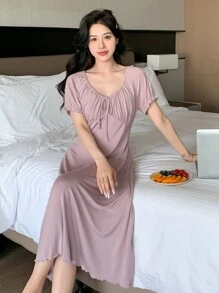 DAZY Women's Japanese-Style Drawstring Nightgown With Large Collar And Wood-Ear Edges