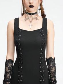 ROMWE Gothic Metal Strap Decor Slit Design Women's Slip Dress, Suitable For Layering - Black - View 2