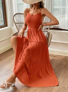 SHEIN Essnce Women's Orange Woven Neckline & Lace Splicing A-Line Casual Dress With Spaghetti Straps For Summer