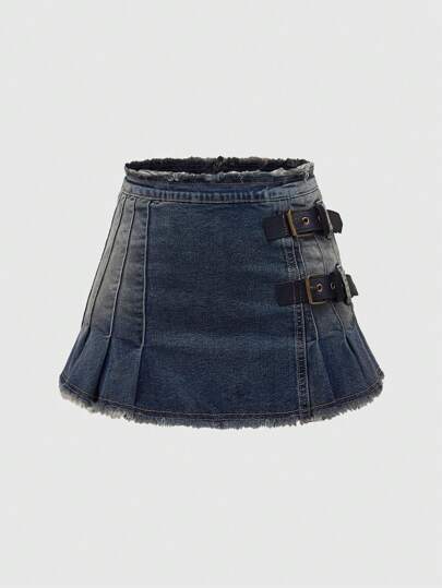 Grunge Punk Vintage Sexy Street-Style Mini Denim Skirt With Pleats, Frayed Hem And Button Fly For Women