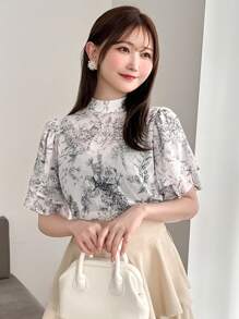 FRIFUL Designer Women's High-Necked Shirt With Drawstring Design And Printed Pattern Summer,Ruffle
