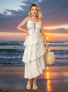 Aveloria Vestido elegante y fresco con múltiples estampados inspirados en vacaciones, cuello halter y dobladillo con volantes en capas