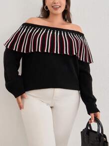 SHEIN Cottnline Plus Sıze Off Shoulder Jaquard Sweater - Multicolor - View 5