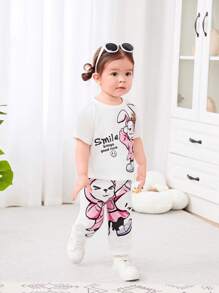 SHEIN Baby Girl Casual And Cute Cartoon Rabbit Pattern Short Sleeve Round Neck T-Shirt And Elastic Waist Patterned Long Pants Set - White - View 4