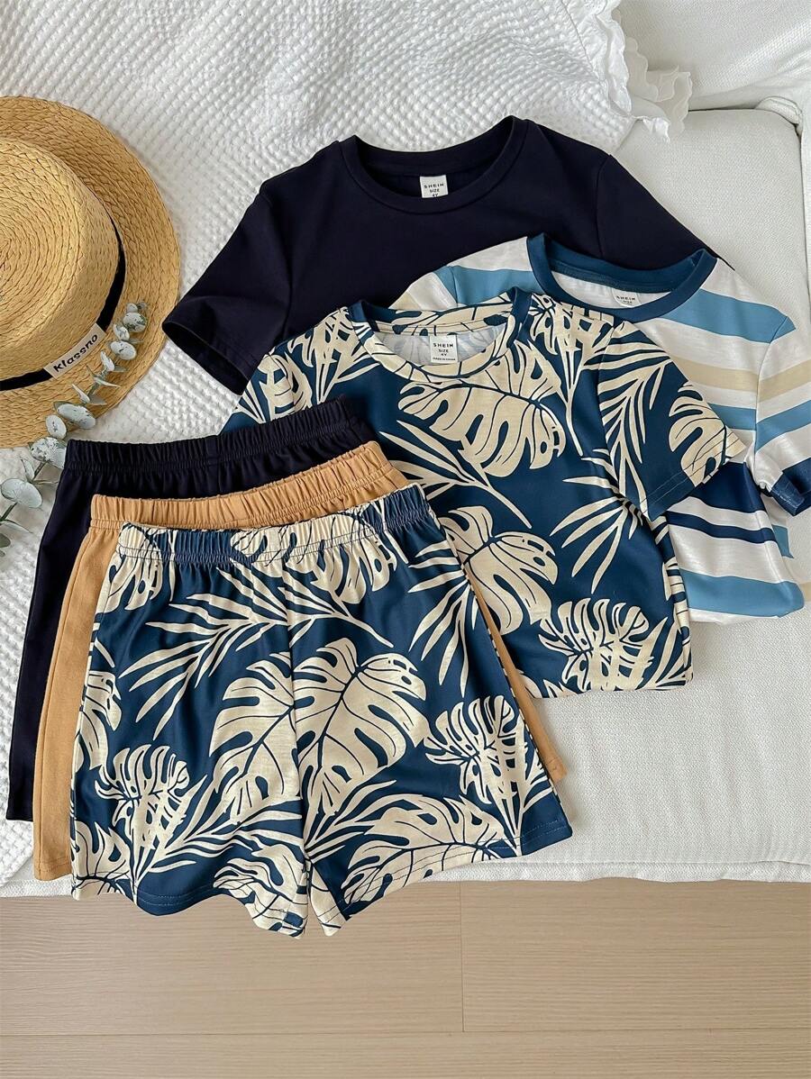 6pcs Young Boy Casual Striped & Leaf Print Short Sleeve T-Shirt With Elastic Waist Shorts, Holiday Outfits
