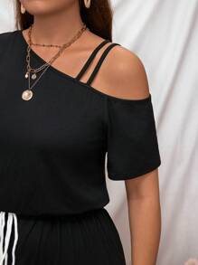 SHEIN LUNE Mono de talla grande sin hombros con mangas cortas y cintura ajustable con corbata con pantalón largo negro, primavera/verano