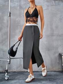 Aveloria Affinna Summer Casual Color-Block Elastic Waist Ruched Slit Design Skirt
