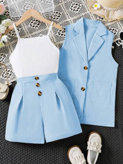Tween Girl Two Tone Fold Pleated Cami Romper And Lapel Collar Vest Jacket Set