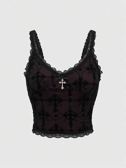 Goth Camisola cruzada de verano con peluche y diseño de encaje con ribete de malla