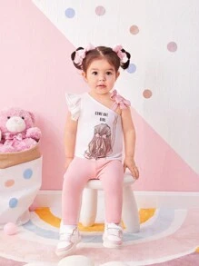 SHEIN Baby Girl Casual Summer Knitwear Cartoon Patterned Top & Solid Color Snug Fit Long Pants Set With Elastic Waistband, Suitable For Summer - Pink - View 5