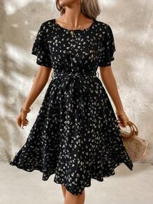 SHEIN LUNE 女性夏季優雅全印花圓領短泡袖連衣裙 - 黑色 - 查看 5