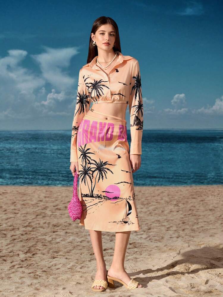 Artist Vacation Casual Printed Slim-Fit Midi Women's Skirt, For Holiday, Party, New Year Eve, Spring, Festival