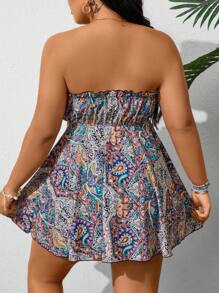 Swim Lushoire Plus Size Summer Beach Casual Paisley Printed Vacation Bandeau Tankini Set - Multicolor - View 2
