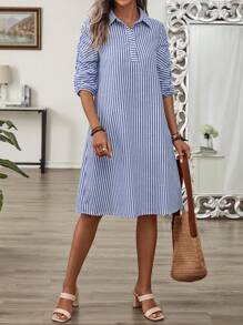 EMERY ROSE 夏季女士条纹亚麻立领连衣裙，独特袖子和褶皱 - 彩色 - 查看 5