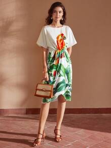 MOTF PREMIUM PARROT AND TROPICAL PRINT TIGHT WAIST WRAP HEM DRESS