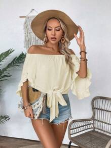 Breezaya Women's Summer Casual Off-Shoulder Strap Ruffle Trimmed Blouse - Apricot - View 6