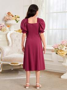 少女可愛泡泡袖圓領側綁中長款連衣裙 - 紅色 - 查看 5