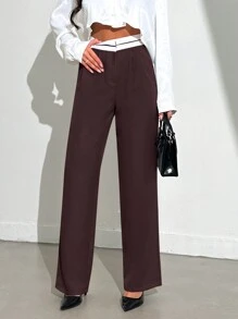 EURMUSE Pantalones De Traje De Pierna Recta Con Cintura De Color En Contraste Para Mujer - Marrón - Ver 4