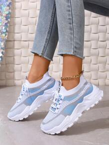 秋冬女士时尚四季渐变色运动鞋，厚底系带休闲运动鞋，百搭白色运动鞋，网眼透气鞋面，防滑舒适，适合健身房、户外跑步和体育活动 - 藍色 - 查看 4