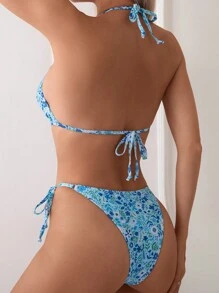 SHEIN Swim 女士小花點領口綁帶性感比基尼套裝，適用於假期，圖案隨機 - 彩色 - 查看 2
