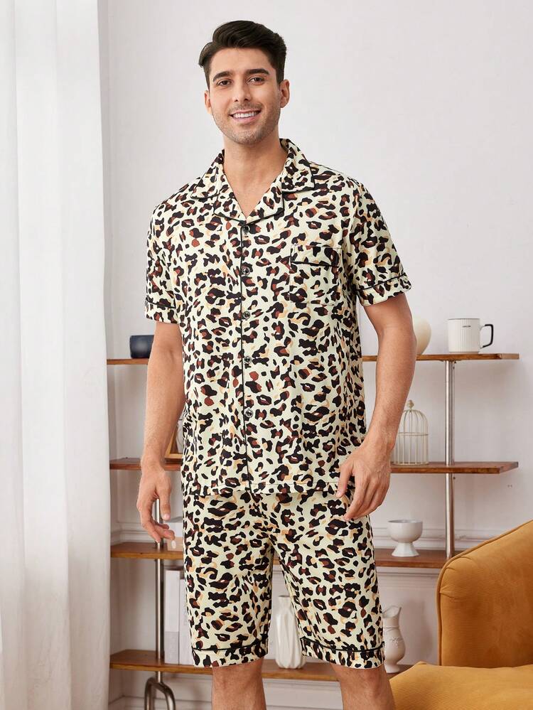 Men's Leopard Print Short Sleeve And Shorts Homewear Lounge Set