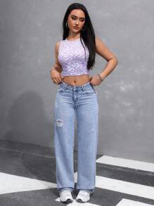 SHEIN EZwear Ladies' Plain And Simple Loose Fit Ripped Daily Jeans Summer Outdoor