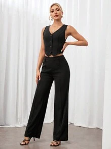 SHEIN Tall 女士夏季純色單排釦背心和褲子日常通勤二件套 - 黑色 - 查看 1