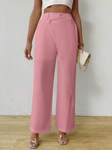 SHEIN Privé Casual Solid Color Asymmetrical High Waist Straight Leg Pants - Pink - View 4