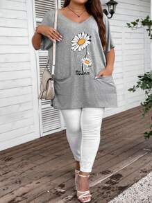 SHEIN CURVE+ Áo thun dài tay in họa tiết hoa cúc cỡ lớn có túi - Màu Xám nhạt - Xem 3