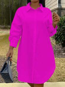 Inoviana Plus Size Spring/Summer Casual Solid Color Button Front Shirt Dress Fall Cloth For Women - Hot Pink - View 5