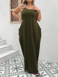 SHEIN LUNE 大尺碼女士純色側口袋休閒露肩長裙，夏季款 - 軍綠色 - 查看 5