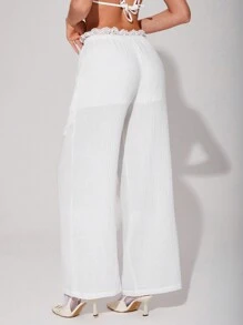 Sweetina Pantalones anchos de pierna ancha de textura de encaje a ganchillo con ajuste suelto de estilo casual Y2K, pantalones blancos de verano, atuendo para conciertos, atuendo de verano