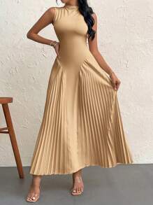 Firerie Vestido elegante de línea A ajustado y plisado para mujer - Caqui - Ver 6