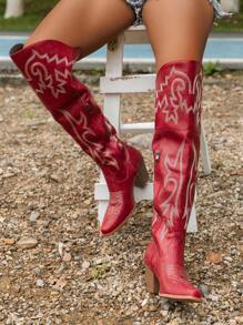 Fashion Square Toe Chunky Heel Western Embroidery Knee High Boot, Retro Riding Cowgirl Boot Sexy Lady Boots