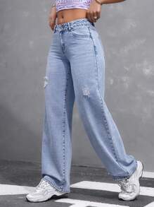 SHEIN EZwear Ladies' Plain And Simple Loose Fit Ripped Daily Jeans Summer Outdoor