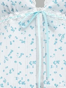 SHEIN MOD Áo ba lỗ cổ yếm họa tiết hoa ruy băng ren tương phản dành cho nữ mùa hè - Màu xanh lam - Xem 4