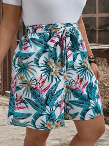 EMERY ROSE Plus Size Women's Tropical Plant Printed Loose Shorts With Pockets, Great For Vacations For Summer,Flower/Spring - Multicolor - View 5