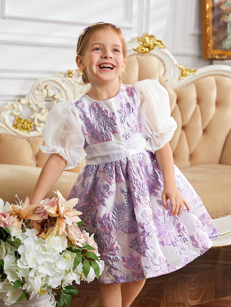 Young Girl's Gorgeous Mesh & Jacquard Patchwork Puff Sleeve Dress With Sheer Sleeve, Round Neck
