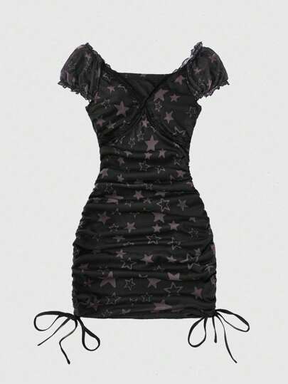 Fairycore Star Print Drawstring Ruched Dress