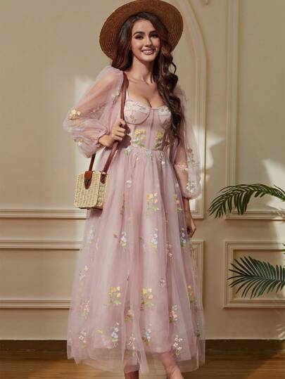 (With Slit) Romantic Vintage Pink Prom Dress, Princess Style With Puffy Long Sleeve Party Dress Wedding Guest Cocktail Dress