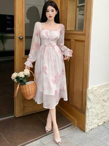 DAZY 花卉印花方领系腰褶皱长袖喇叭袖口中长连衣裙女士舞会礼服 - 粉色 - 查看 7