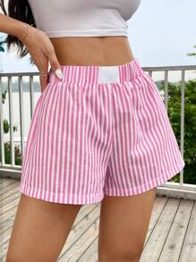 SHEIN EZwear Plaid Print Elastic Waist Summer Casual Shorts - Pink - View 3