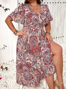 SHEIN Frenchy Vintage Style Printed V-Neck Vacation Dress For Plus Size Women - Multicolor - View 5